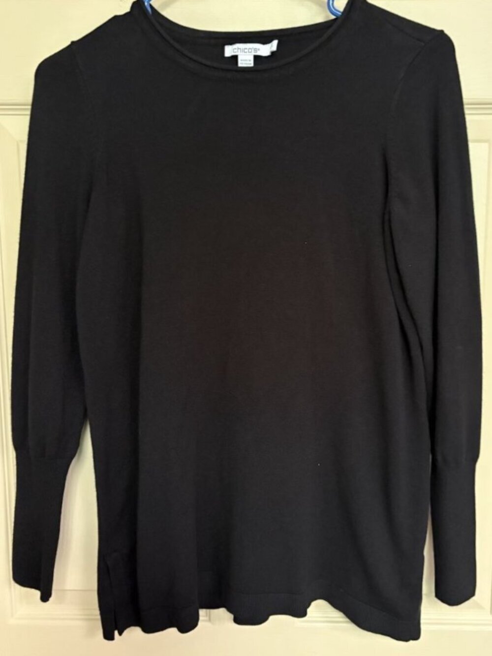 Chico's Size 0 Small Black Knit Crew Neck Long Sleeve Sweater Tunic Top